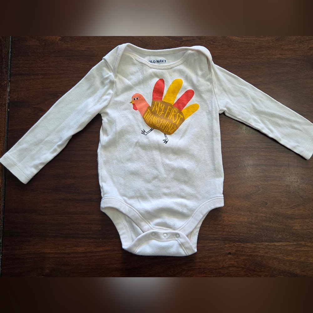 Old Navy White Onesie with Turkey Handprint Design - My First Thanksgiving